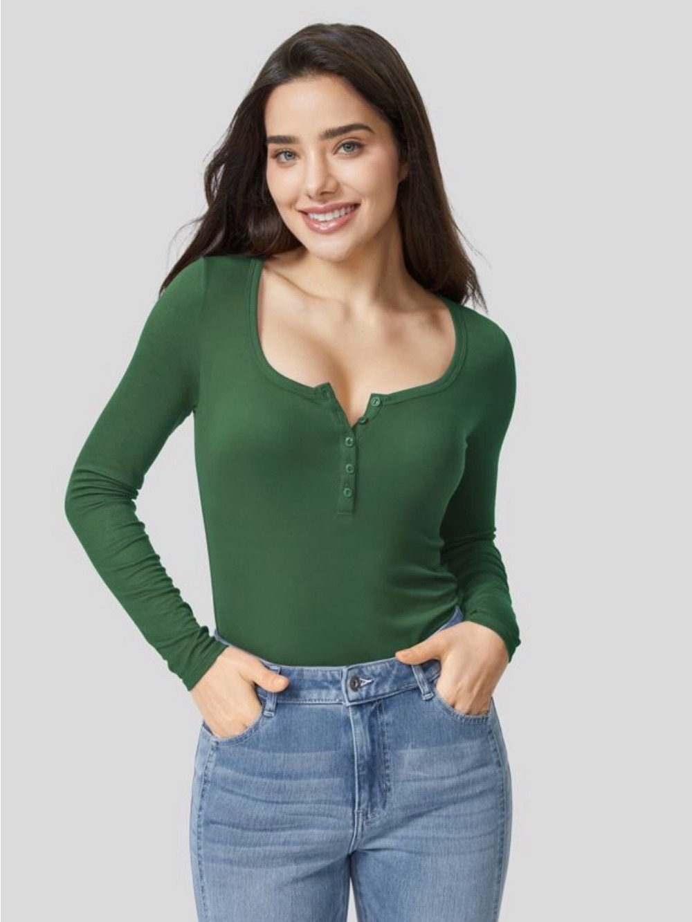 Halara Ribbed Henley Neck Long Sleeve Slim Casual T-Shirt